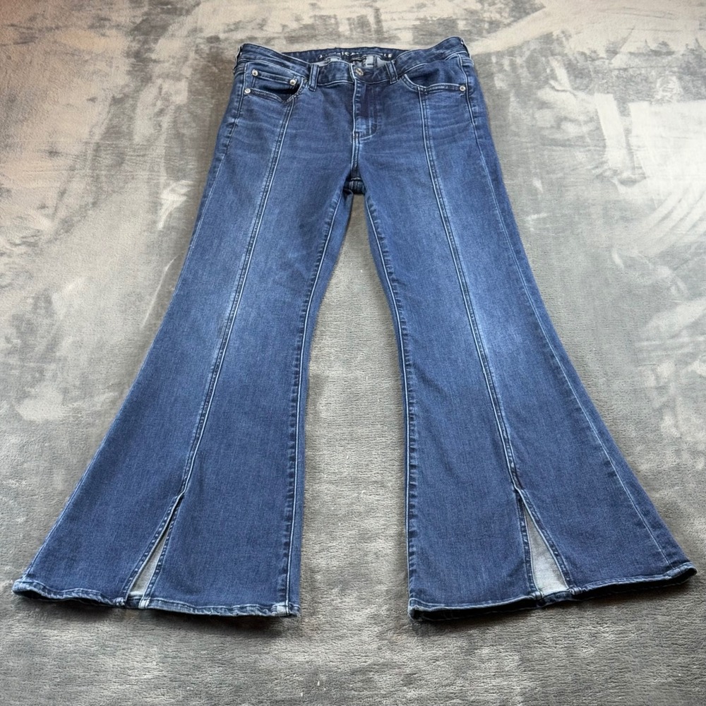 American Eagle Festival Flare Jeans Dark Wash Front Slit Seam Stretch Size 10
